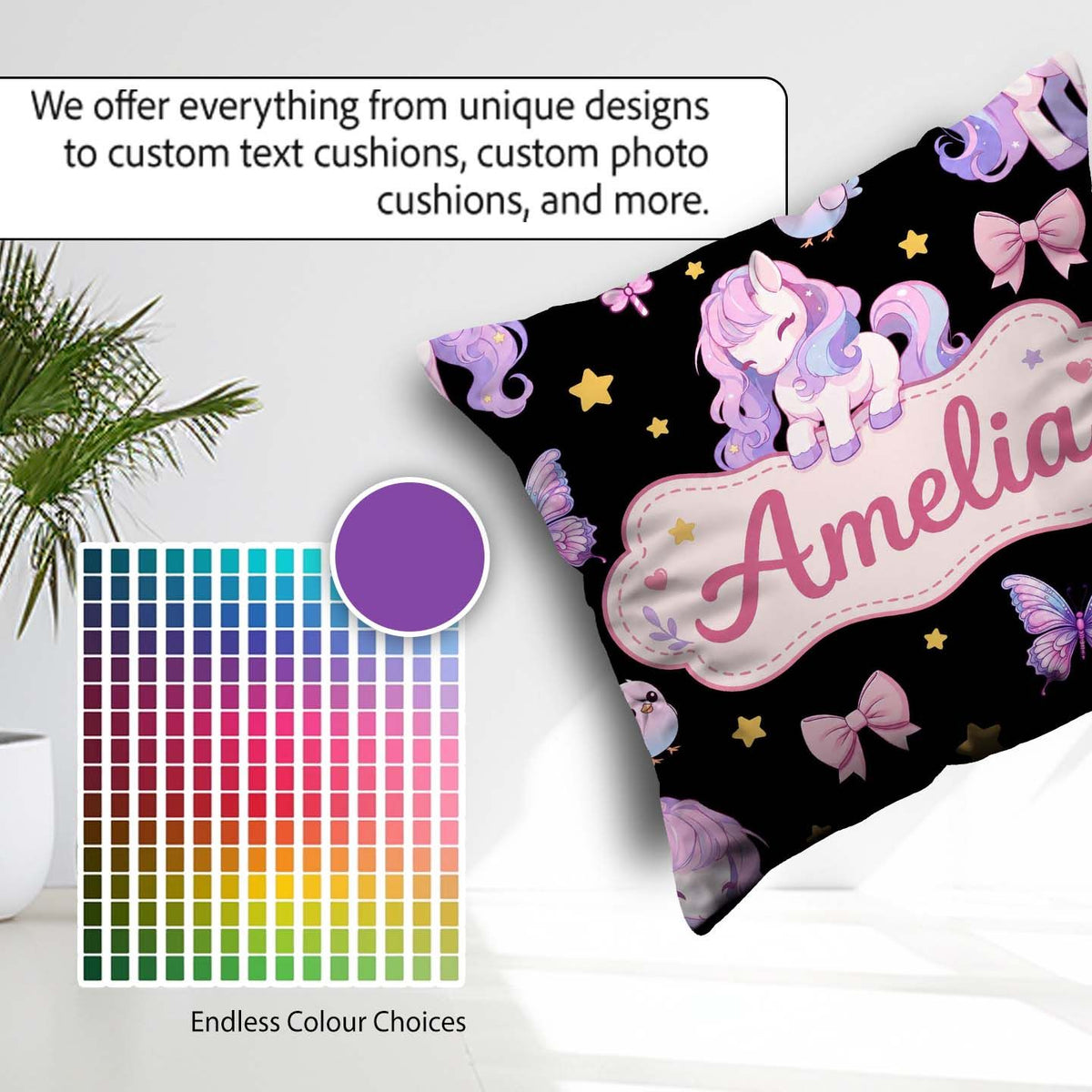 Custom Name Pastel Unicorn Candy Stars Black Background Seamless Square Filled Cushion Throw Pillow Sofa Bed Home Decor Zip Washable UK Made