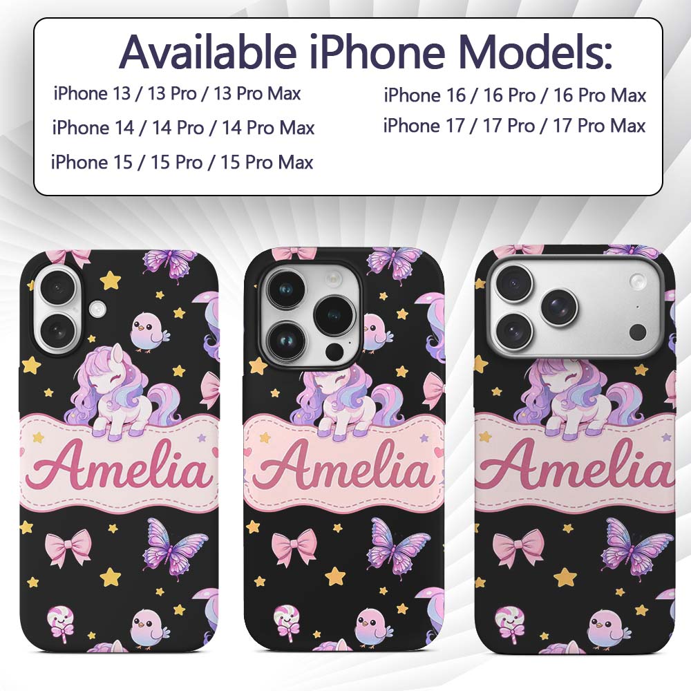Cute Pastel Unicorn Butterfly Candy Stars Black Custom Name Protective Phone Case Mobile Cover Durable Everyday Smartphone Shock Resistant