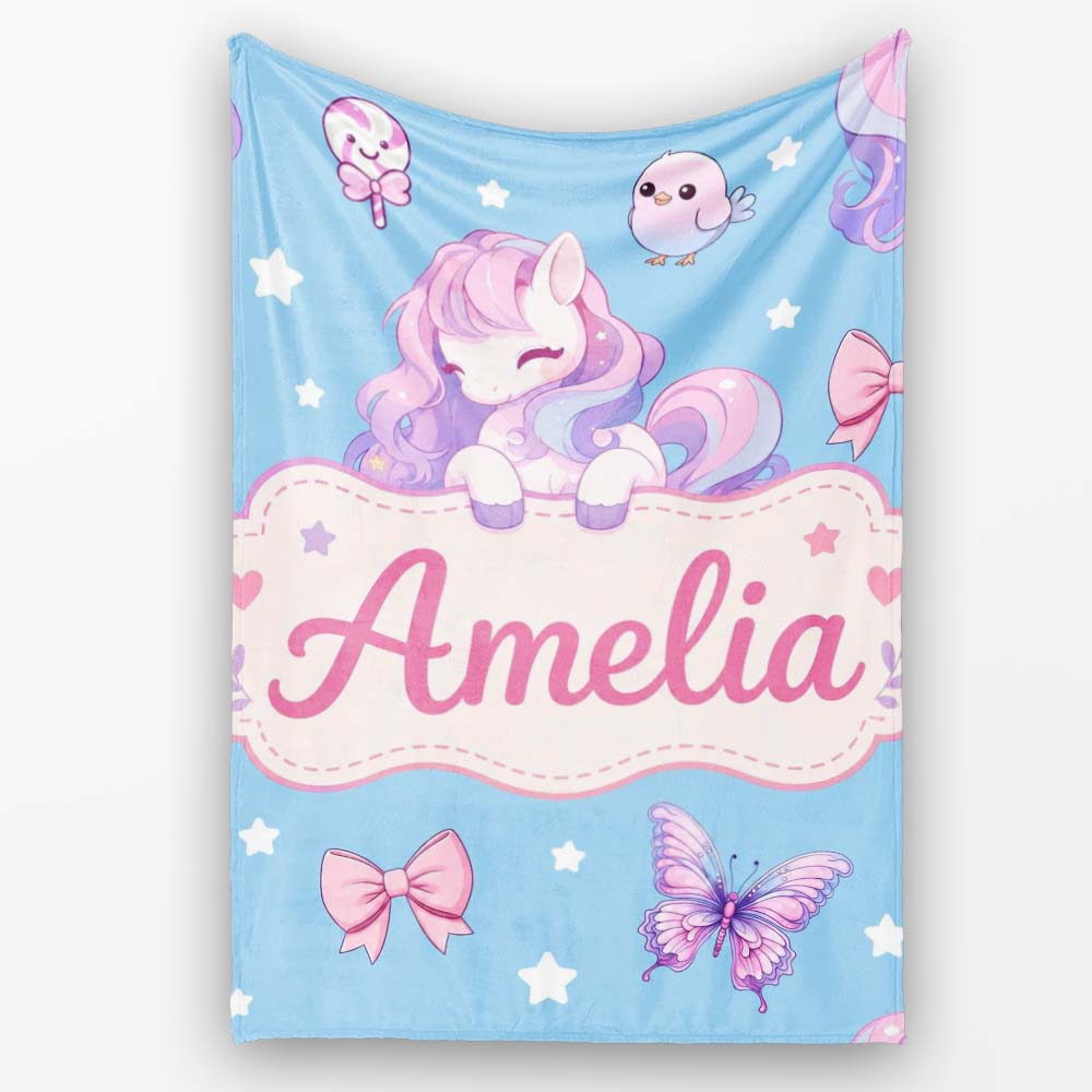 Cute Pastel Unicorn Butterfly Candy Stars Blue Background Seamless  Personalised Custom Name Super Soft Fleece Blanket Bed Sofa Throw