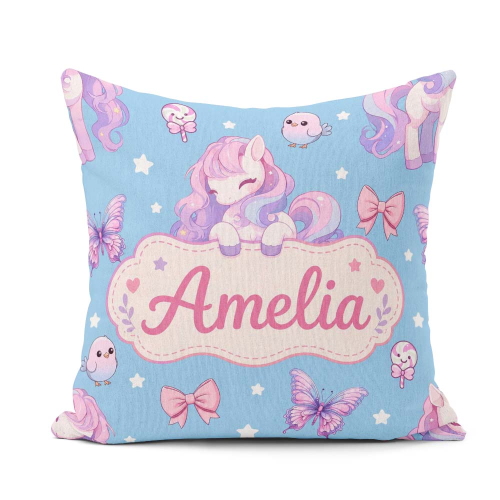 Custom Name Pastel Unicorn Butterfly Candy Stars Blue Background Square Filled Cushion Throw Pillow Sofa Bed Home Decor Zip Washable UK Made