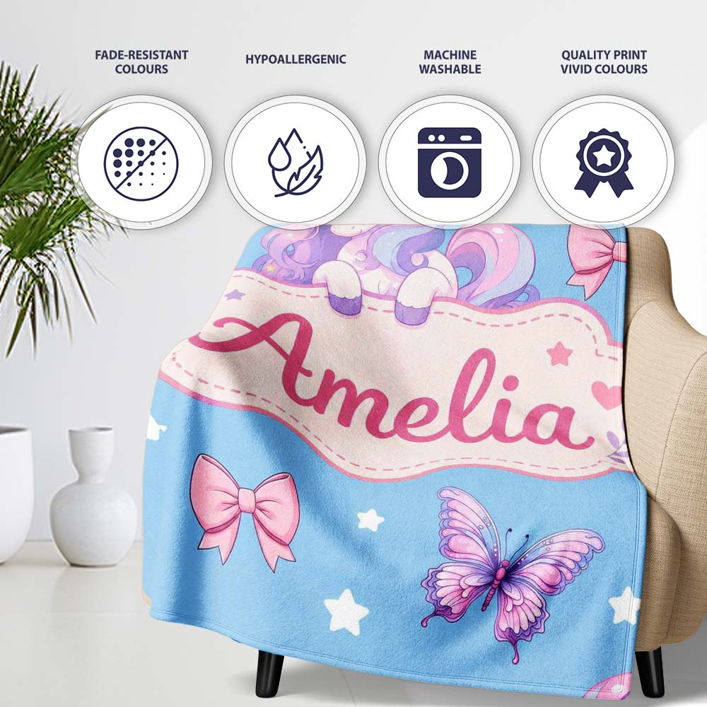 Cute Pastel Unicorn Butterfly Candy Stars Blue Background Seamless  Personalised Custom Name Super Soft Fleece Blanket Bed Sofa Throw