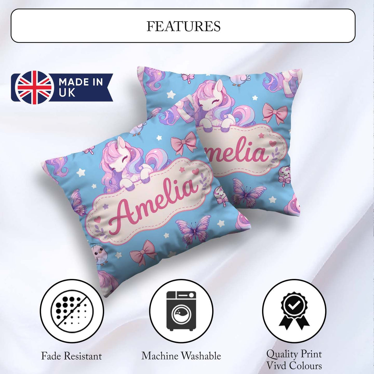 Custom Name Pastel Unicorn Butterfly Candy Stars Blue Background Square Filled Cushion Throw Pillow Sofa Bed Home Decor Zip Washable UK Made