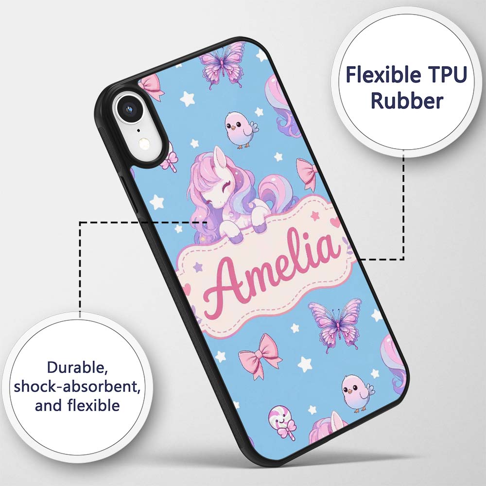 Cute Pastel Unicorn Butterfly Candy Stars Blue Custom Name Protective Phone Case Mobile Cover Durable Everyday Smartphone Shock Resistant