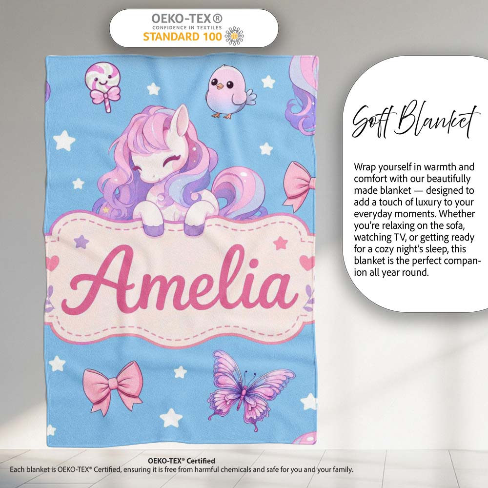 Cute Pastel Unicorn Butterfly Candy Stars Blue Background Seamless  Personalised Custom Name Super Soft Fleece Blanket Bed Sofa Throw