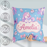 Custom Name Pastel Unicorn Butterfly Candy Stars Blue Background Square Filled Cushion Throw Pillow Sofa Bed Home Decor Zip Washable UK Made