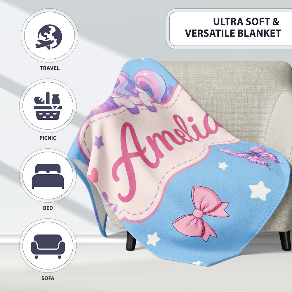Cute Pastel Unicorn Butterfly Candy Stars Blue Background Seamless  Personalised Custom Name Super Soft Fleece Blanket Bed Sofa Throw