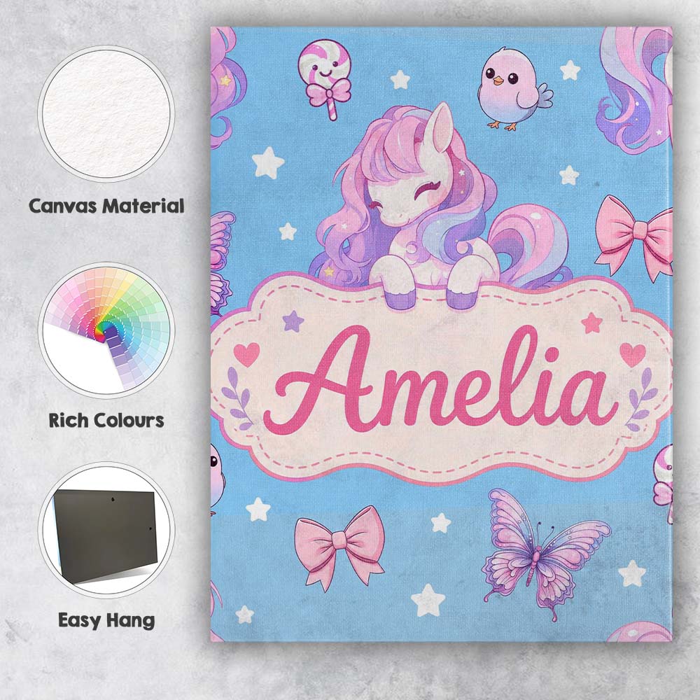 Personalised Name Cute Pastel Unicorn Custom Modern Room Accent Creative Decorator Style Canvas Wall Art Print Decor Picture Ready to Hang