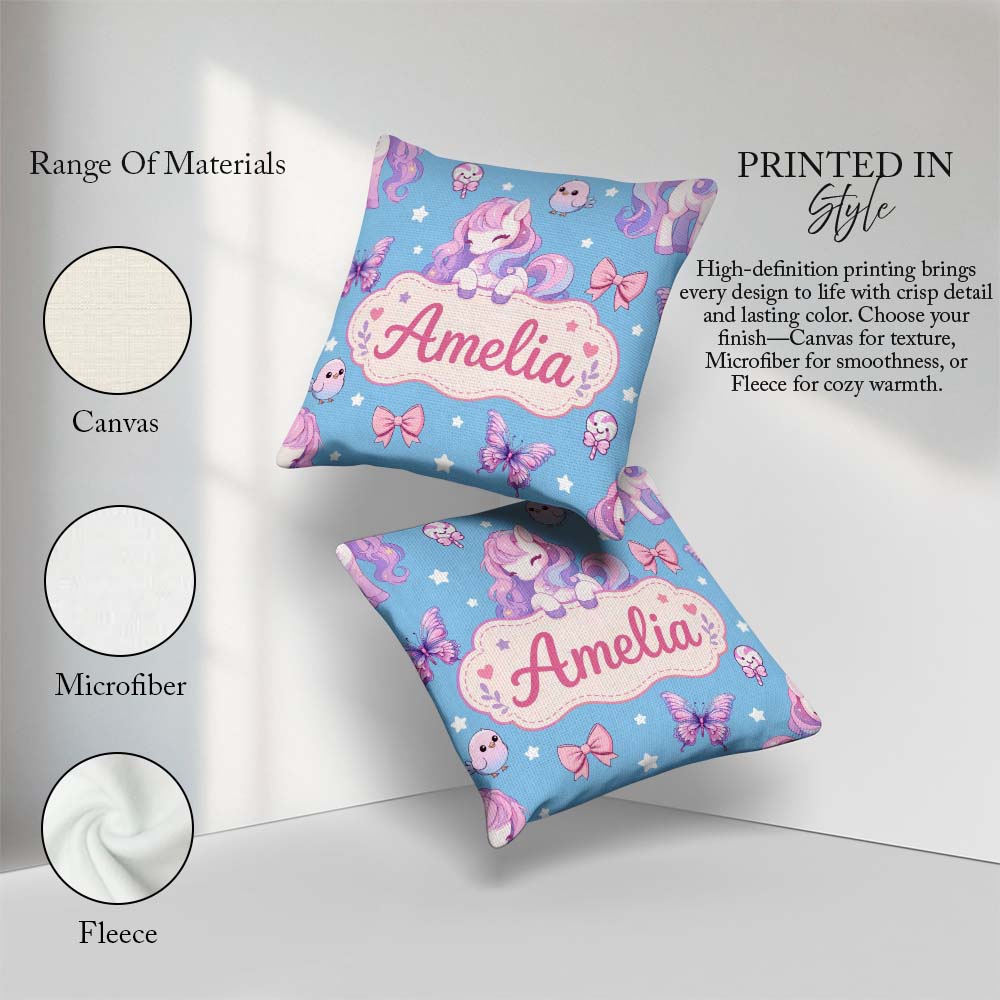 Custom Name Pastel Unicorn Butterfly Candy Stars Blue Background Square Filled Cushion Throw Pillow Sofa Bed Home Decor Zip Washable UK Made