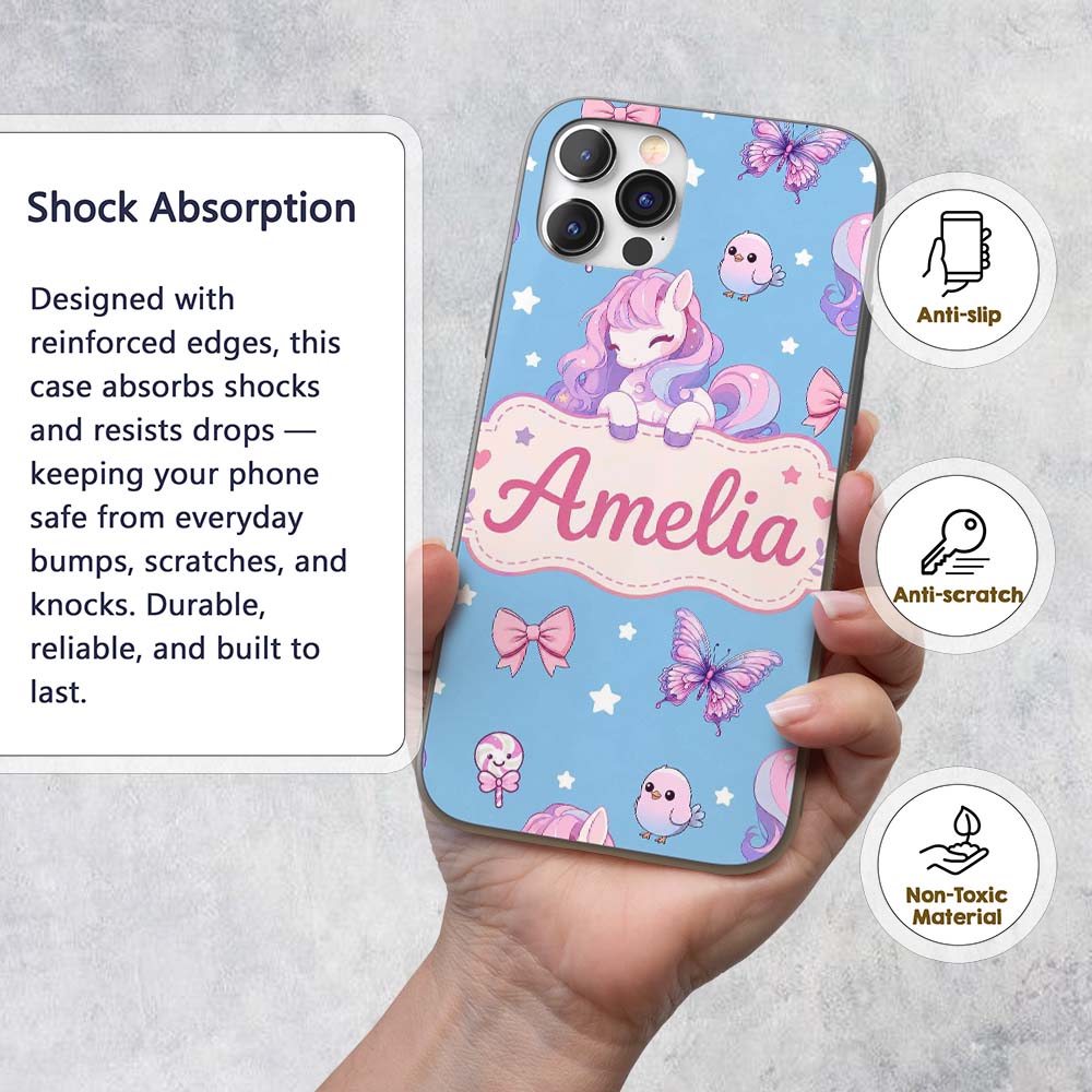 Cute Pastel Unicorn Butterfly Candy Stars Blue Custom Name Protective Phone Case Mobile Cover Durable Everyday Smartphone Shock Resistant