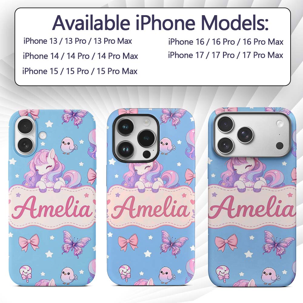 Cute Pastel Unicorn Butterfly Candy Stars Blue Custom Name Protective Phone Case Mobile Cover Durable Everyday Smartphone Shock Resistant
