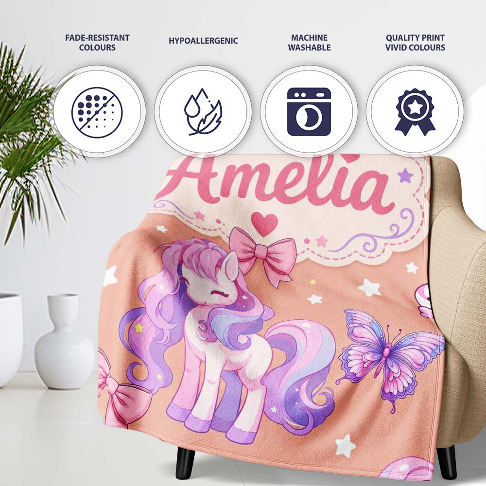 Cute Pastel Unicorn Butterfly Candy Stars Peach Background Seamless  Personalised Custom Name Super Soft Fleece Blanket Bed Sofa Throw
