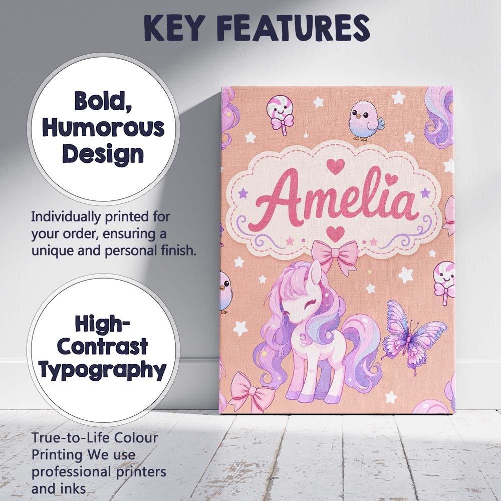 Personalised Name Cute Pastel Unicorn Custom Modern Room Accent Creative Decorator Style Canvas Wall Art Print Decor Picture Ready to Hang
