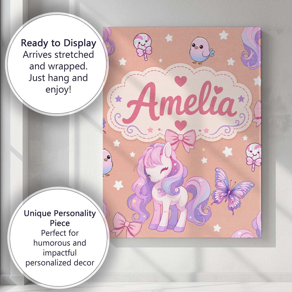 Personalised Name Cute Pastel Unicorn Custom Modern Room Accent Creative Decorator Style Canvas Wall Art Print Decor Picture Ready to Hang