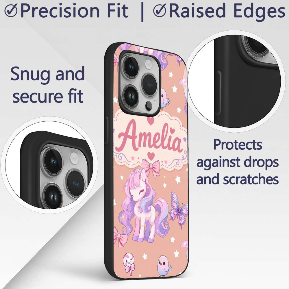 Cute Pastel Unicorn Butterfly Candy Stars Peach Custom Name Protective Phone Case Mobile Cover Durable Everyday Smartphone Shock Resistant