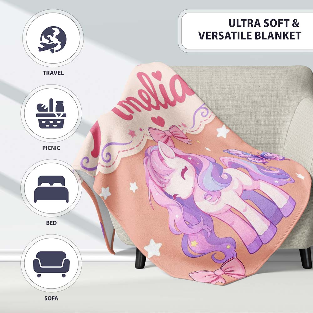 Cute Pastel Unicorn Butterfly Candy Stars Peach Background Seamless  Personalised Custom Name Super Soft Fleece Blanket Bed Sofa Throw
