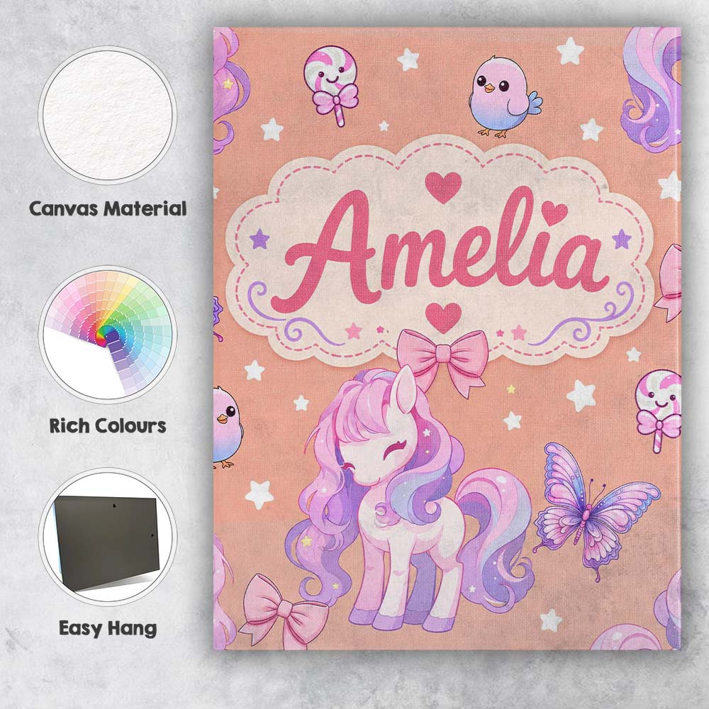 Personalised Name Cute Pastel Unicorn Custom Modern Room Accent Creative Decorator Style Canvas Wall Art Print Decor Picture Ready to Hang