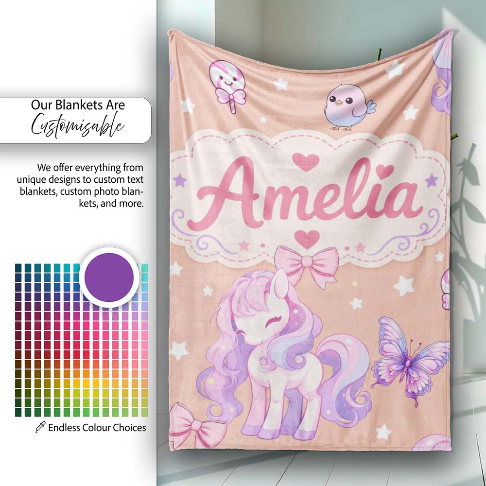 Cute Pastel Unicorn Butterfly Candy Stars Peach Background Seamless  Personalised Custom Name Super Soft Fleece Blanket Bed Sofa Throw