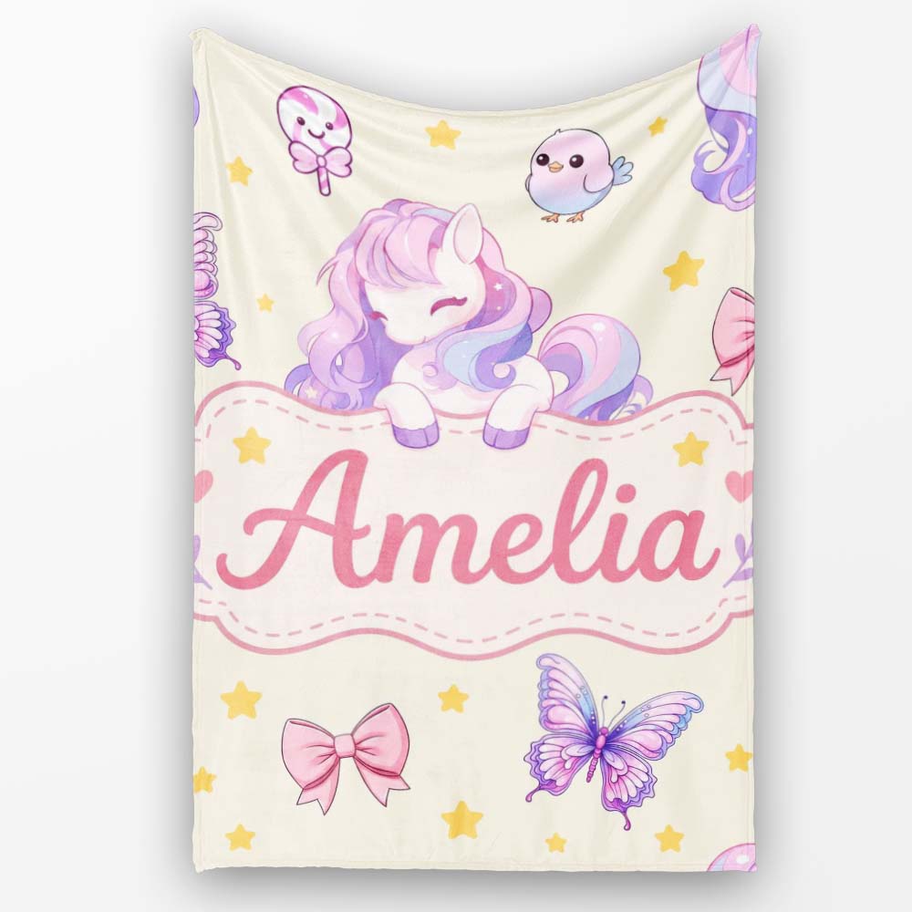 Cute Pastel Unicorn Butterfly Candy Stars Cream Background Seamless  Personalised Custom Name Super Soft Fleece Blanket Bed Sofa Throw
