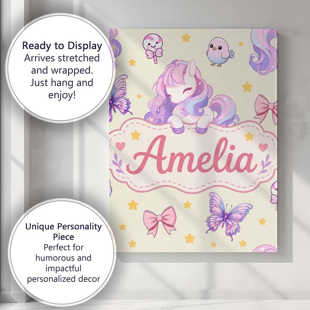 Personalised Name Cute Pastel Unicorn Custom Modern Room Accent Creative Decorator Style Canvas Wall Art Print Decor Picture Ready to Hang