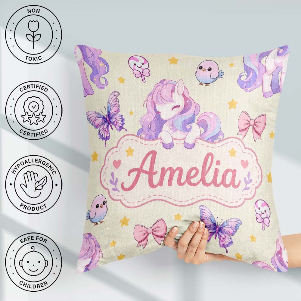 Custom Name Pastel Unicorn Candy Stars Cream Background Seamless Square Filled Cushion Throw Pillow Sofa Bed Home Decor Zip Washable UK Made