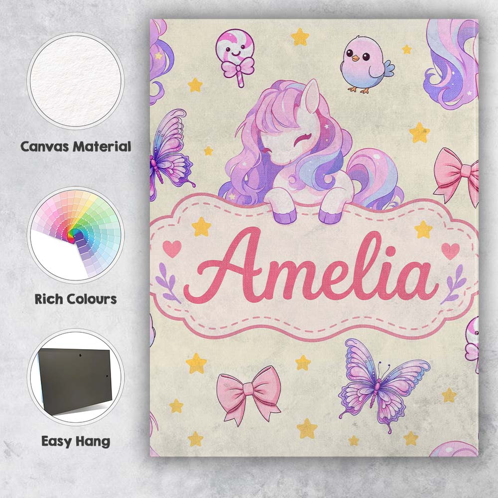 Personalised Name Cute Pastel Unicorn Custom Modern Room Accent Creative Decorator Style Canvas Wall Art Print Decor Picture Ready to Hang