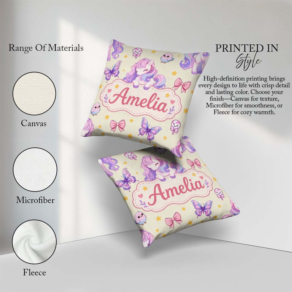Custom Name Pastel Unicorn Candy Stars Cream Background Seamless Square Filled Cushion Throw Pillow Sofa Bed Home Decor Zip Washable UK Made