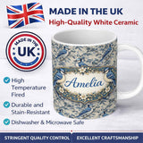 Personalized Custom Name Blue Jay Bird Neutral Botanical Leaf Classic Nature Textile Design 11oz Ceramic Coffee Tea Mug White Large Handle