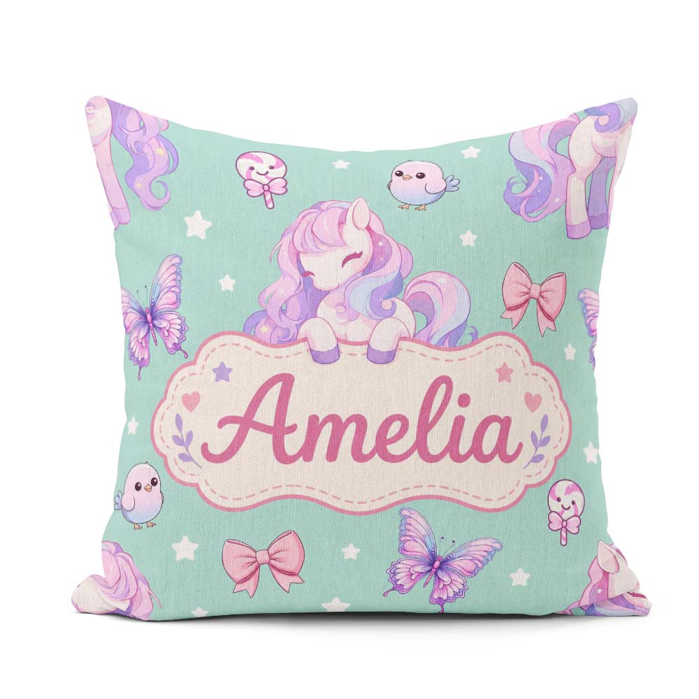 Custom Name Pastel Unicorn Butterfly Candy Stars Mint Background Square Filled Cushion Throw Pillow Sofa Bed Home Decor Zip Washable UK Made