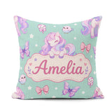 Custom Name Pastel Unicorn Butterfly Candy Stars Mint Background Square Filled Cushion Throw Pillow Sofa Bed Home Decor Zip Washable UK Made