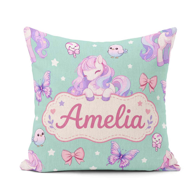 Custom Name Pastel Unicorn Butterfly Candy Stars Mint Background Square Filled Cushion Throw Pillow Sofa Bed Home Decor Zip Washable UK Made