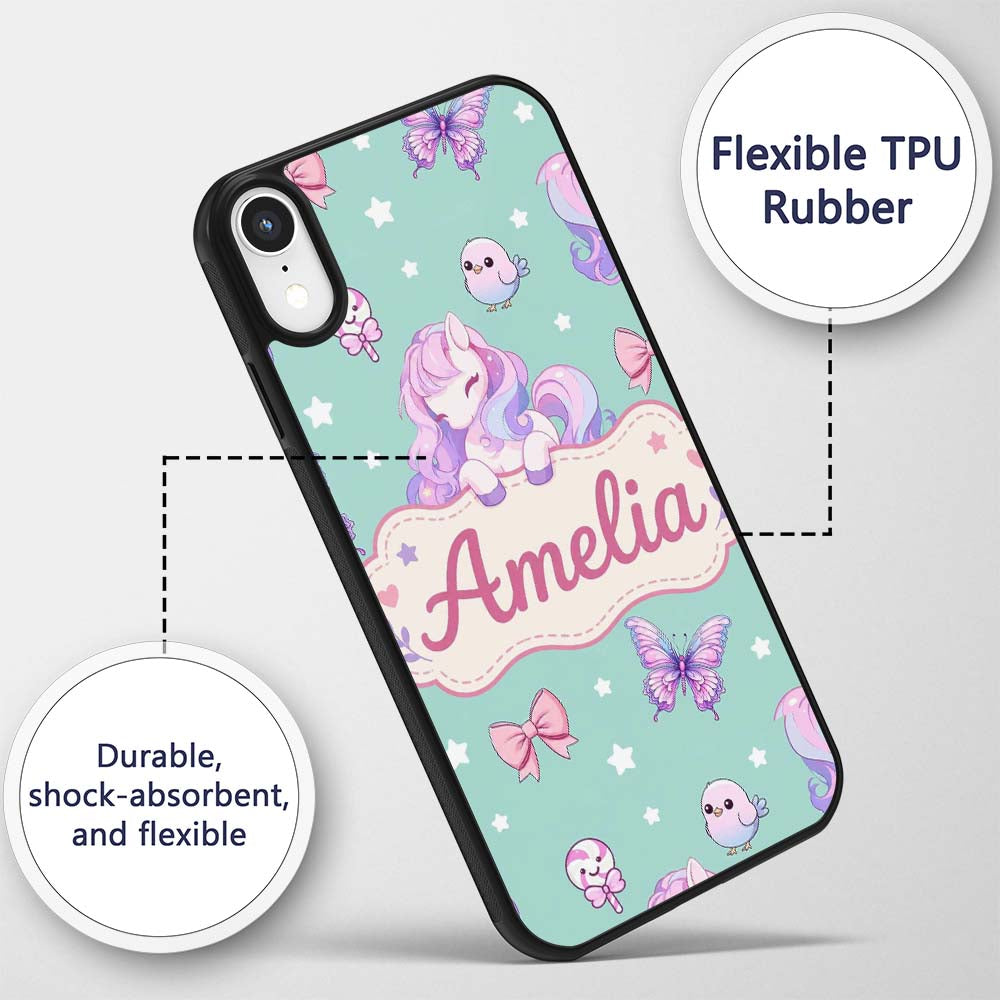 Cute Pastel Unicorn Butterfly Candy Stars Mint Custom Name Protective Phone Case Mobile Cover Durable Everyday Smartphone Shock Resistant