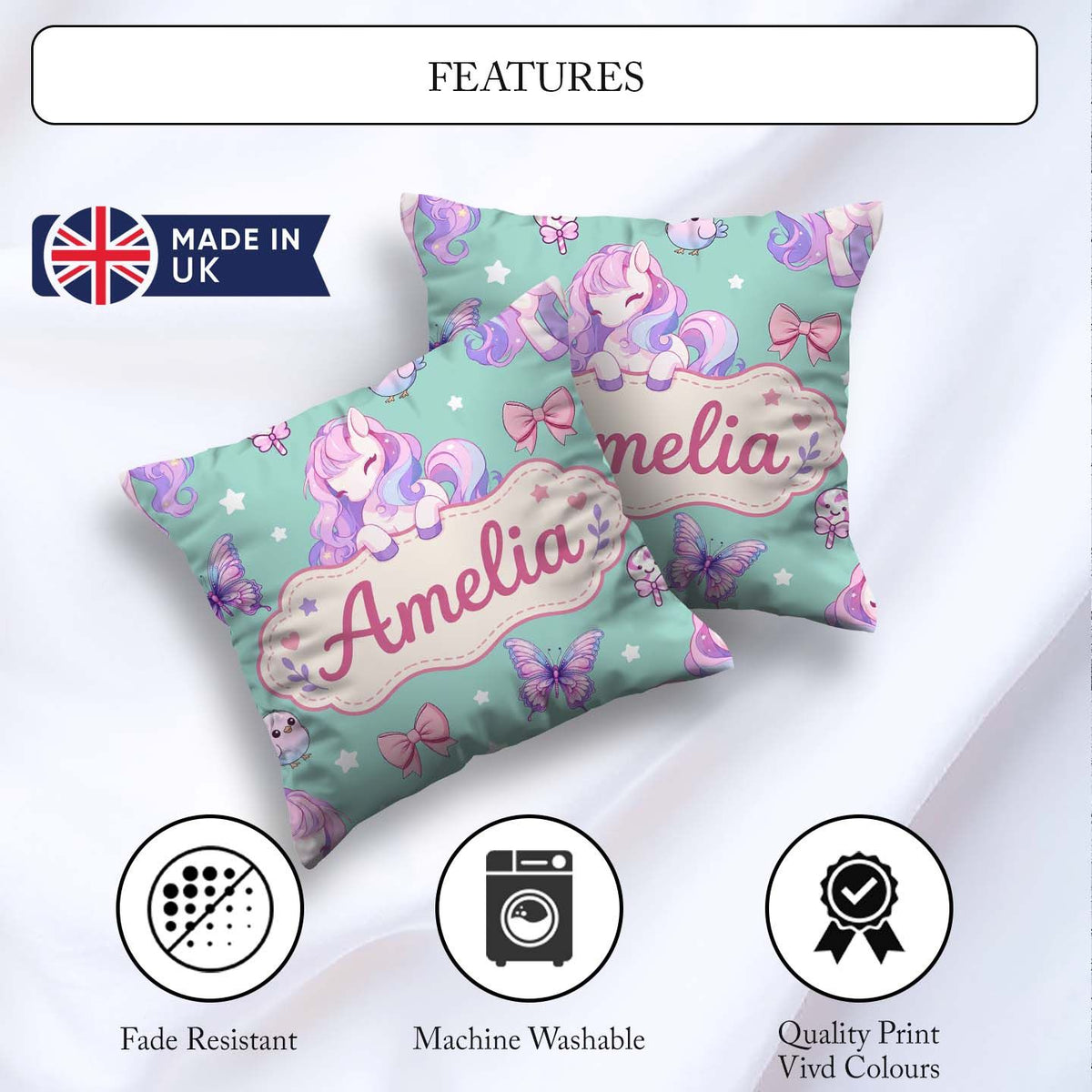 Custom Name Pastel Unicorn Butterfly Candy Stars Mint Background Square Filled Cushion Throw Pillow Sofa Bed Home Decor Zip Washable UK Made