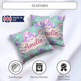 Custom Name Pastel Unicorn Butterfly Candy Stars Mint Background Square Filled Cushion Throw Pillow Sofa Bed Home Decor Zip Washable UK Made