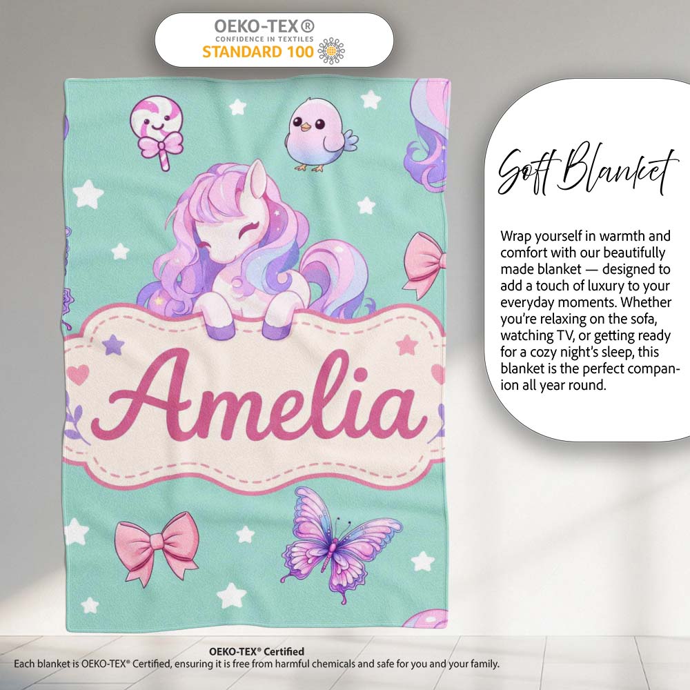 Cute Pastel Unicorn Butterfly Candy Stars Mint Background Seamless  Personalised Custom Name Super Soft Fleece Blanket Bed Sofa Throw