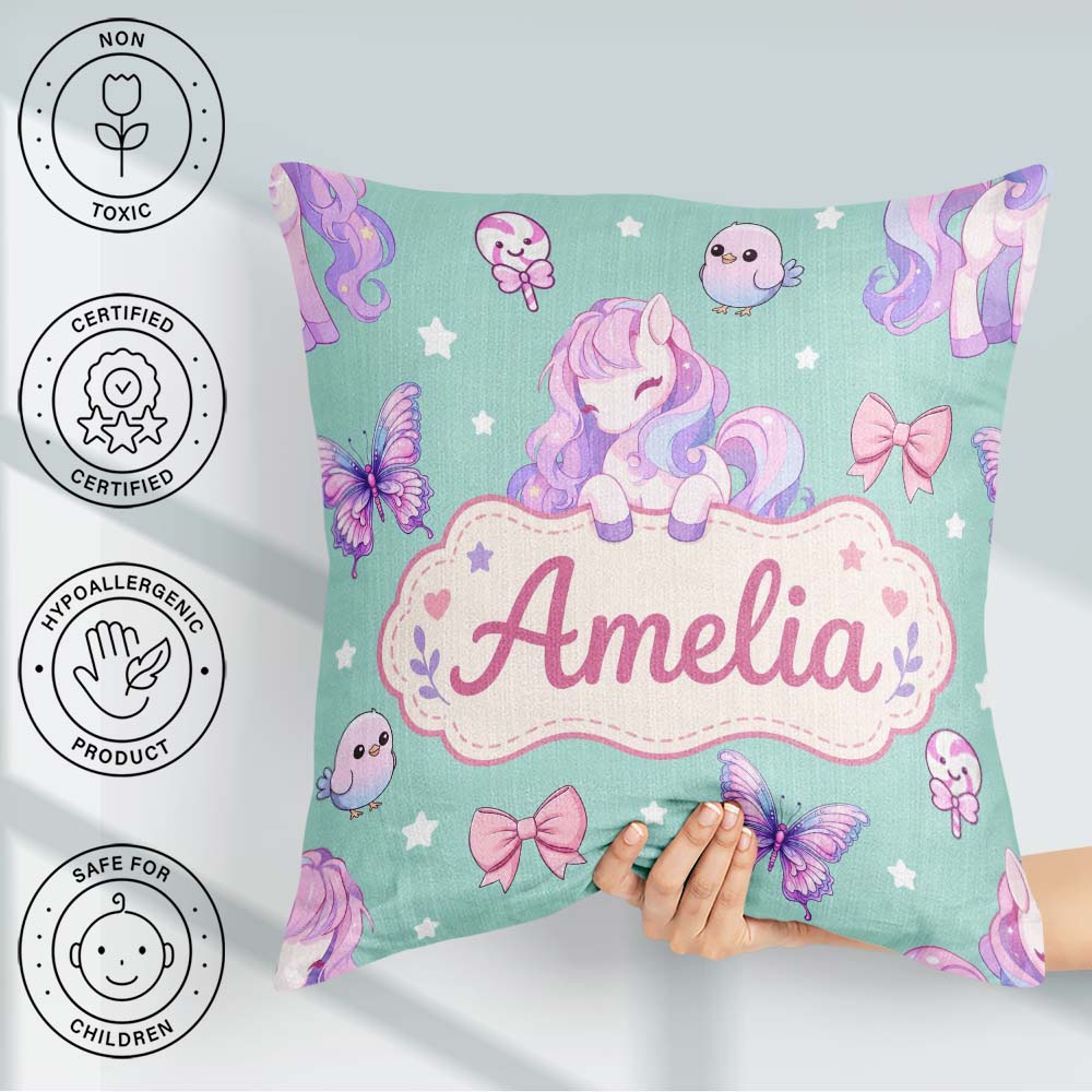 Custom Name Pastel Unicorn Butterfly Candy Stars Mint Background Square Filled Cushion Throw Pillow Sofa Bed Home Decor Zip Washable UK Made