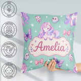 Custom Name Pastel Unicorn Butterfly Candy Stars Mint Background Square Filled Cushion Throw Pillow Sofa Bed Home Decor Zip Washable UK Made