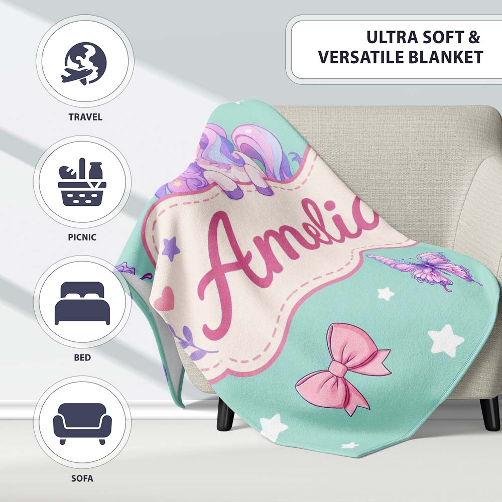 Cute Pastel Unicorn Butterfly Candy Stars Mint Background Seamless  Personalised Custom Name Super Soft Fleece Blanket Bed Sofa Throw