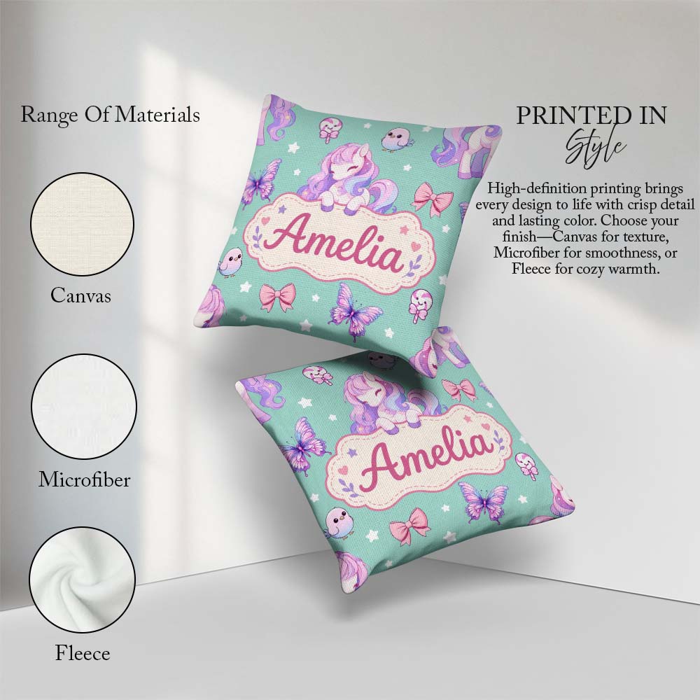 Custom Name Pastel Unicorn Butterfly Candy Stars Mint Background Square Filled Cushion Throw Pillow Sofa Bed Home Decor Zip Washable UK Made