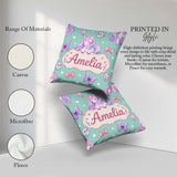 Custom Name Pastel Unicorn Butterfly Candy Stars Mint Background Square Filled Cushion Throw Pillow Sofa Bed Home Decor Zip Washable UK Made
