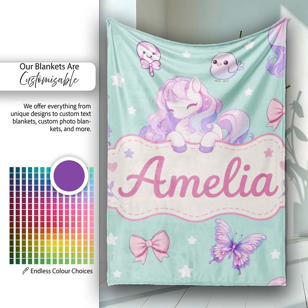 Cute Pastel Unicorn Butterfly Candy Stars Mint Background Seamless  Personalised Custom Name Super Soft Fleece Blanket Bed Sofa Throw