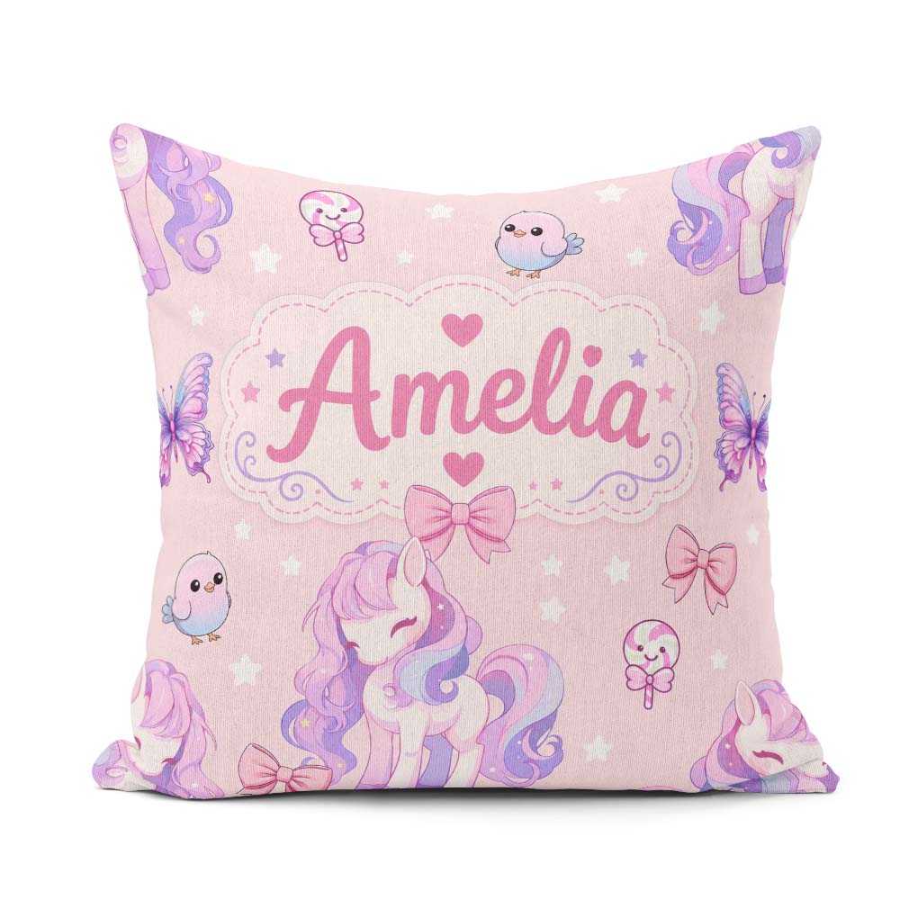 Custom Name Pastel Unicorn Candy Stars Blush Background Seamless Square Filled Cushion Throw Pillow Sofa Bed Home Decor Zip Washable UK Made