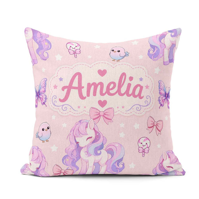 Custom Name Pastel Unicorn Candy Stars Blush Background Seamless Square Filled Cushion Throw Pillow Sofa Bed Home Decor Zip Washable UK Made