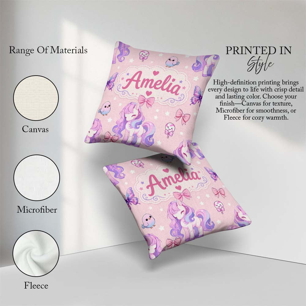 Custom Name Pastel Unicorn Candy Stars Blush Background Seamless Square Filled Cushion Throw Pillow Sofa Bed Home Decor Zip Washable UK Made