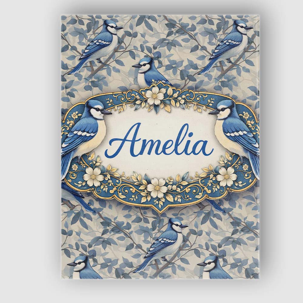 Personalised Name Blue Jay Bird Neutral Botanical Leaf Classic Custom Modern Room Accent Canvas Wall Art Print Decor Picture Ready to Hang