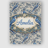 Personalised Name Blue Jay Bird Neutral Botanical Leaf Classic Custom Modern Room Accent Canvas Wall Art Print Decor Picture Ready to Hang
