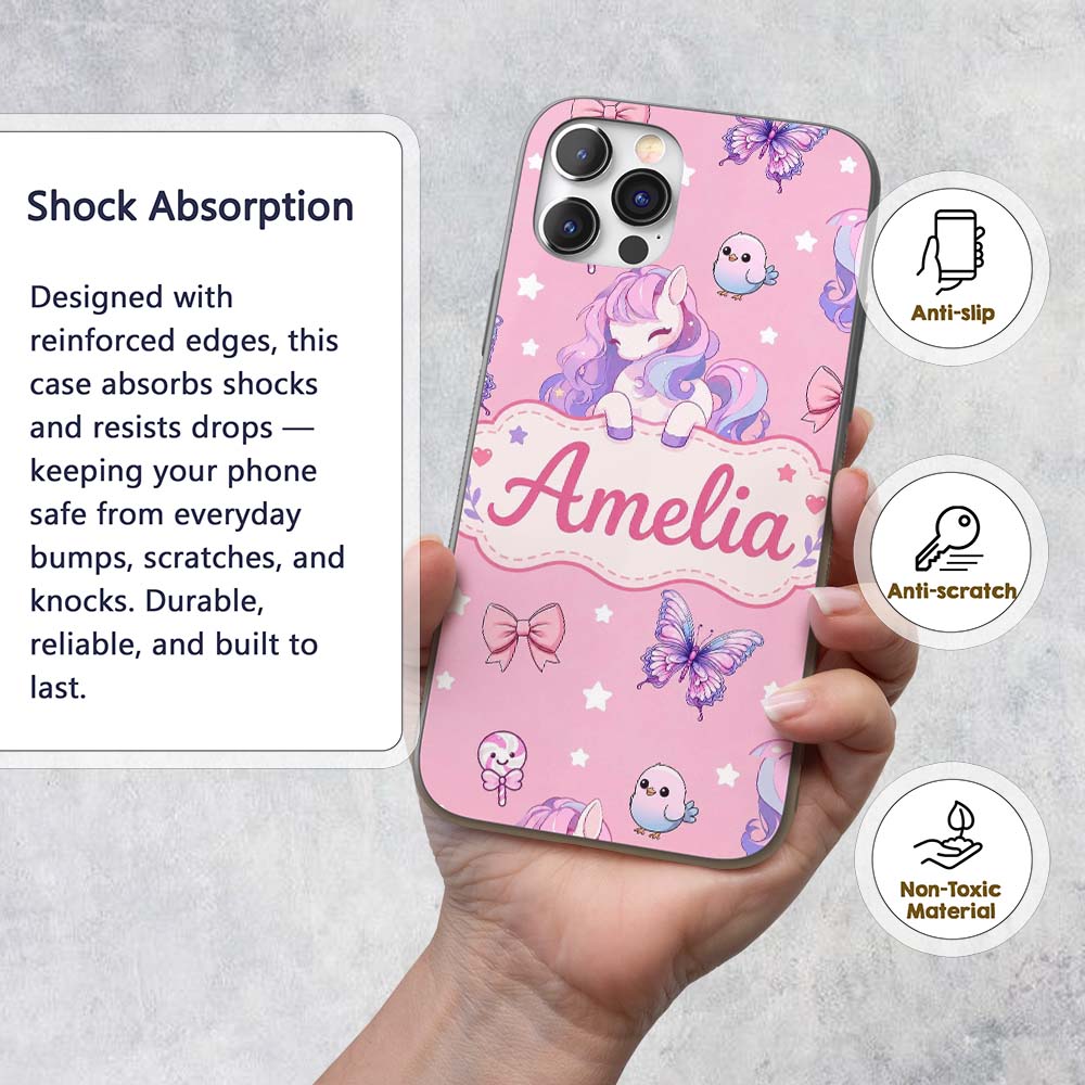 Cute Pastel Unicorn Butterfly Candy Stars Rose Custom Name Protective Phone Case Mobile Cover Durable Everyday Smartphone Shock Resistant