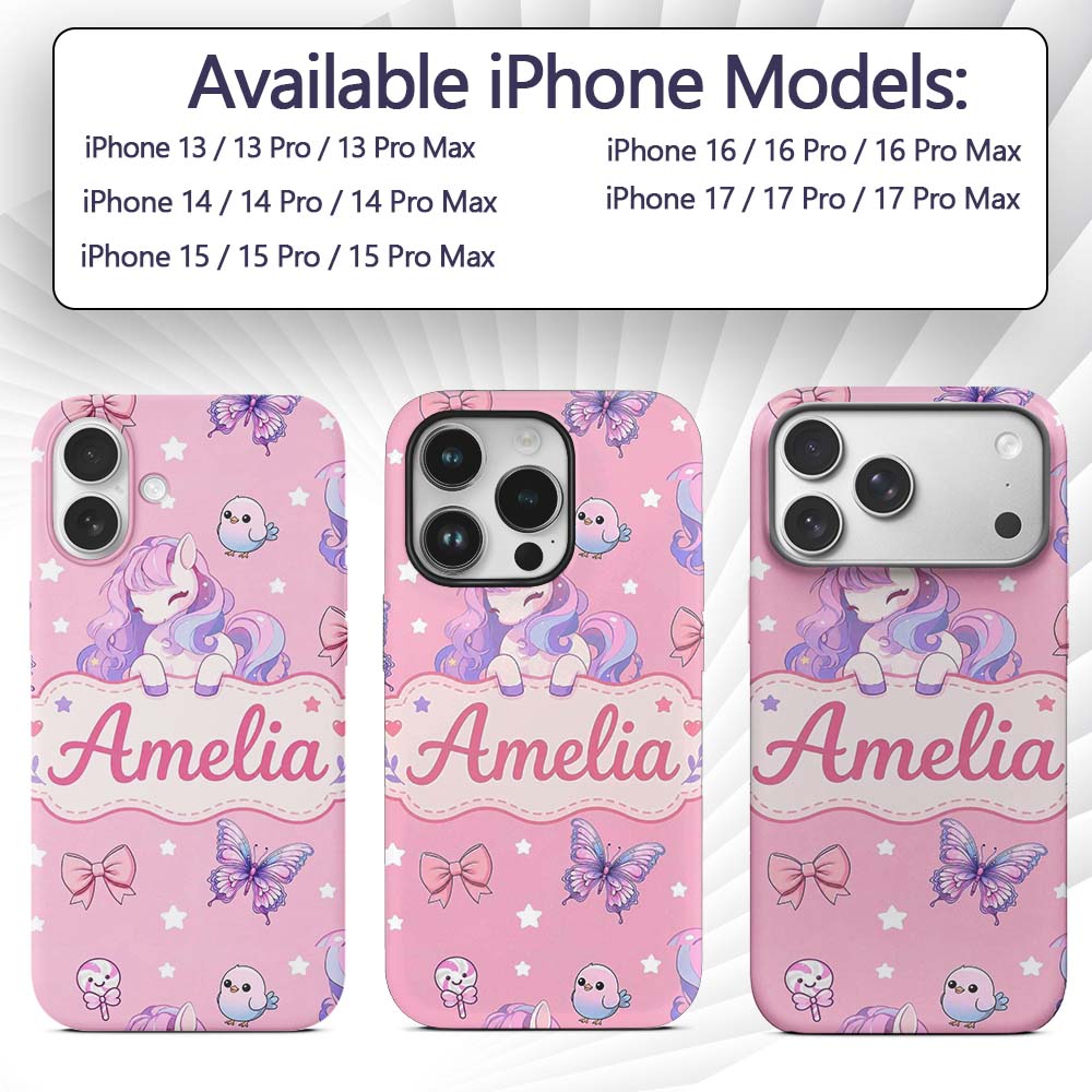 Cute Pastel Unicorn Butterfly Candy Stars Rose Custom Name Protective Phone Case Mobile Cover Durable Everyday Smartphone Shock Resistant