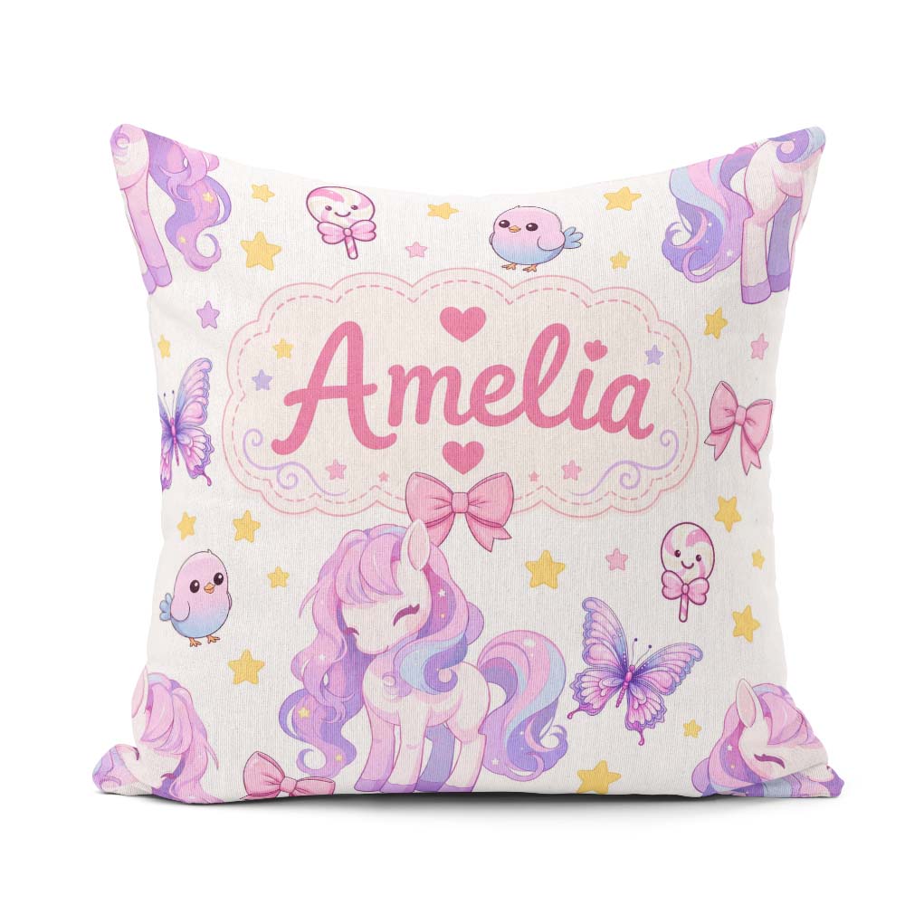 Custom Name Cute Pastel Unicorn Butterfly Candy Stars Light Grey Square Filled Cushion Throw Pillow Sofa Bed Home Decor Zip Washable UK Made