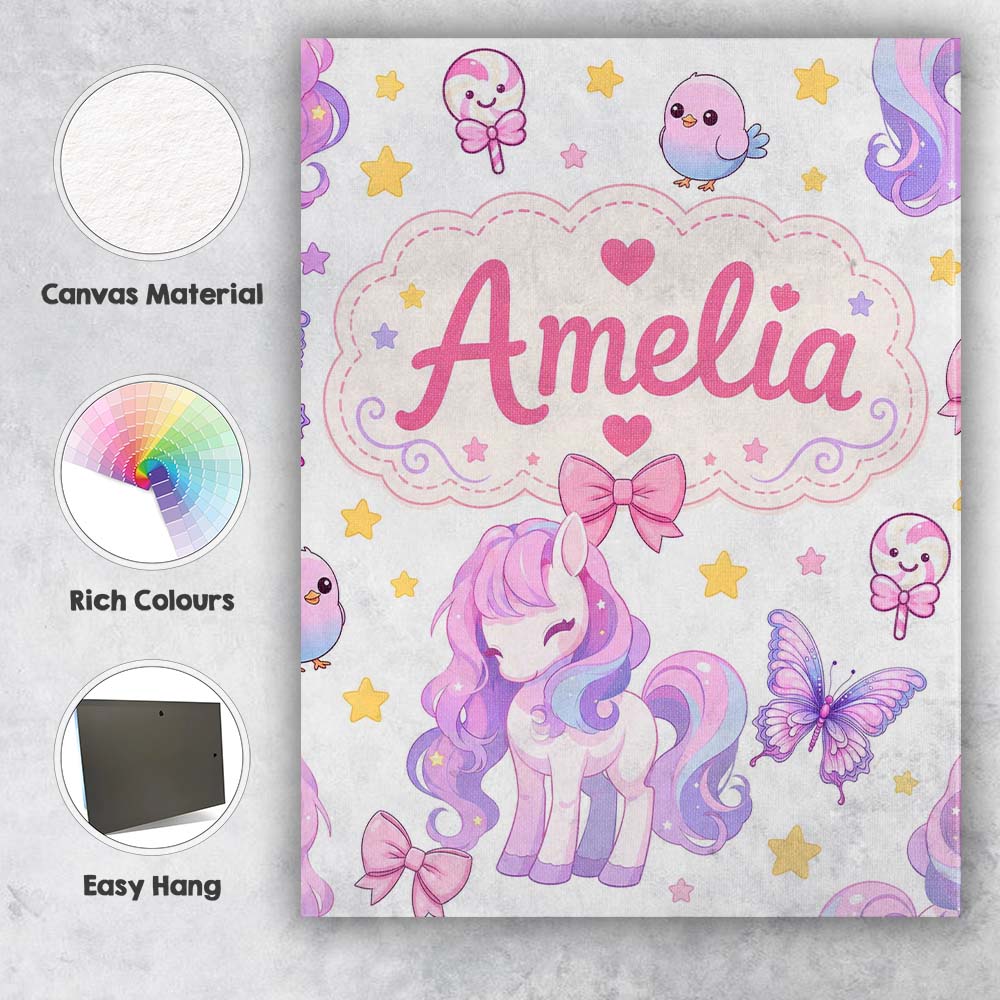 Personalised Name Cute Pastel Unicorn Custom Modern Room Accent Creative Decorator Style Canvas Wall Art Print Decor Picture Ready to Hang