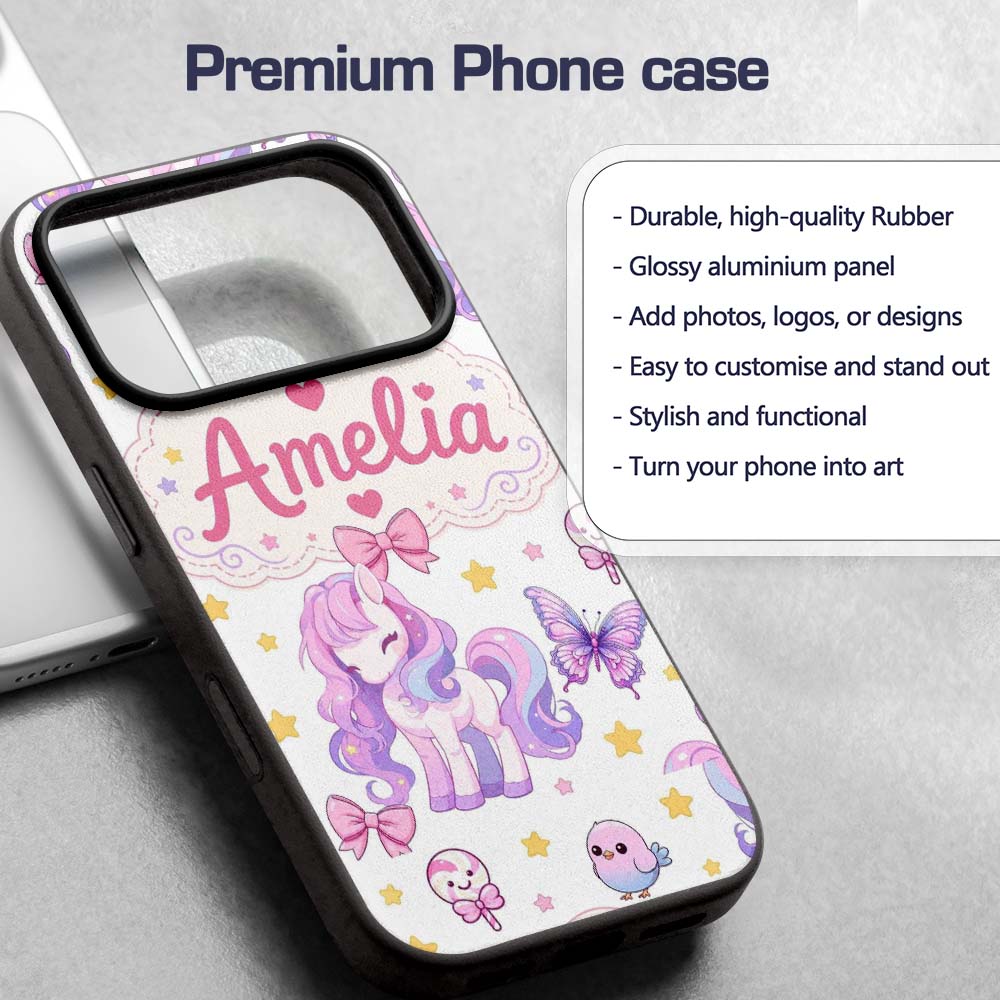 Cute Pastel Unicorn Butterfly Candy Stars Light Custom Name Protective Phone Case Mobile Cover Durable Everyday Smartphone Shock Resistant